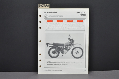 Vintage 1981 Honda XL185 S Motorcycle Dealer Set Up Instruction Manual