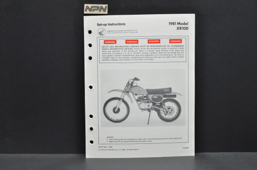 Vtg NOS 1981 Honda XR100 Motorcycle Dealer Set Up Instruction Manual