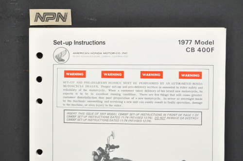 VTG NOS 1977 Honda CB400 F Super Sport 400 Four Dealer Set Up Instruction Manual