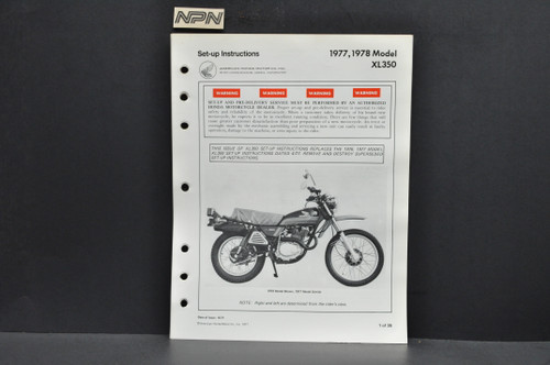 Vintage 1977-78 Honda XL350 Motorcycle Dealer Set Up Instruction Manual