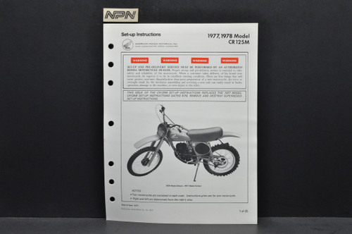Vtg NOS 1977-78 Honda CR125 M Elsinore Dealer Set Up Instruction Manual