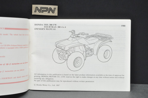 Vintage NOS 1988 Honda Fourtrax 300 TRX300 FW Owners Manual ATV OEM