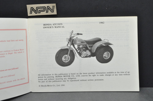 Vintage NOS 1982 Honda ATC185 S Three Wheeler Owners Manual OEM Print Date 1981