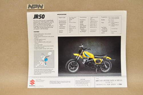 Vintage NOS 1982 Suzuki JR50 Brochure  Motorcycle Dealer Specs OEM