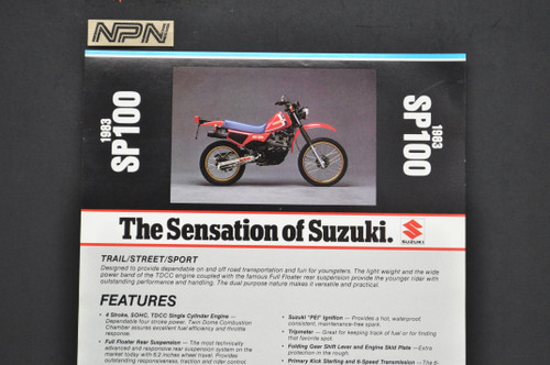 Vintage NOS 1983 Suzuki SP100 Motorcycle Brochure Dealer Spec Sheet OEM