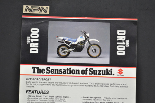 Vintage NOS 1983 Suzuki DR100 Motorcycle Brochure Dealer Spec Sheet OEM