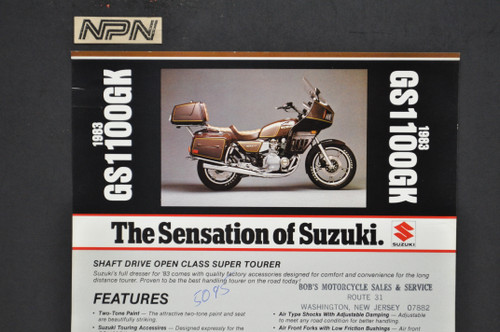 Vintage NOS 1983 Suzuki GS1100 GK Motorcycle Brochure Dealer Stamp Spec Sheet