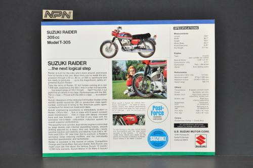 Vintage NOS 1968 Suzuki T305 Raider Motorcycle Brochure Dealer Specs OEM