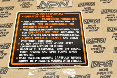 NOS Honda 1987 ATC250 SX Caution Warning Label Decal Sticker 87504-HA0-771