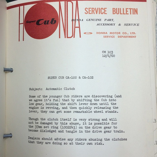 Vintage Honda Motorcycle Service Bulletin for CA100 and CA102