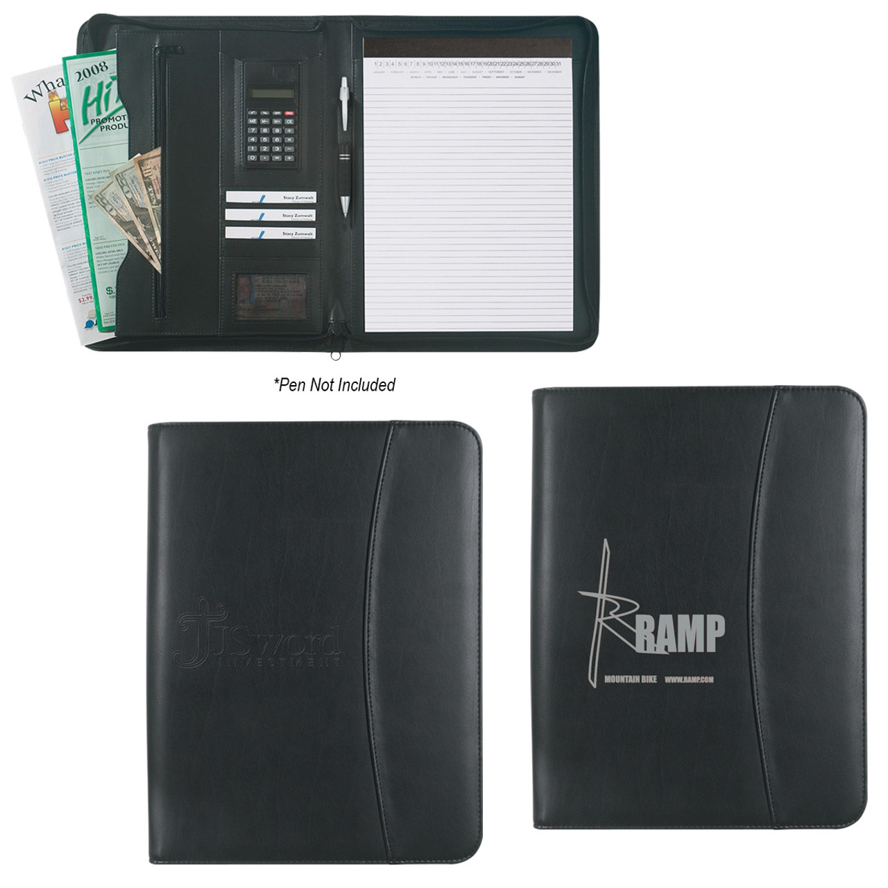 Custom Leather Look 8 ½" x 11" Zippered Portfolio With Calculator 6408