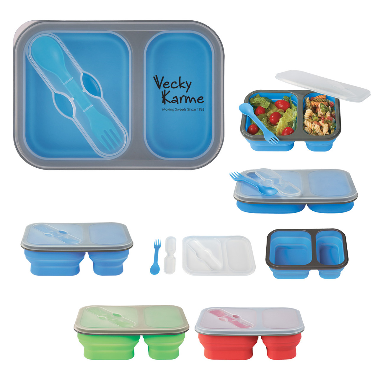 Custom Collapsible 2-Section Food Container With Dual Utensil 2121