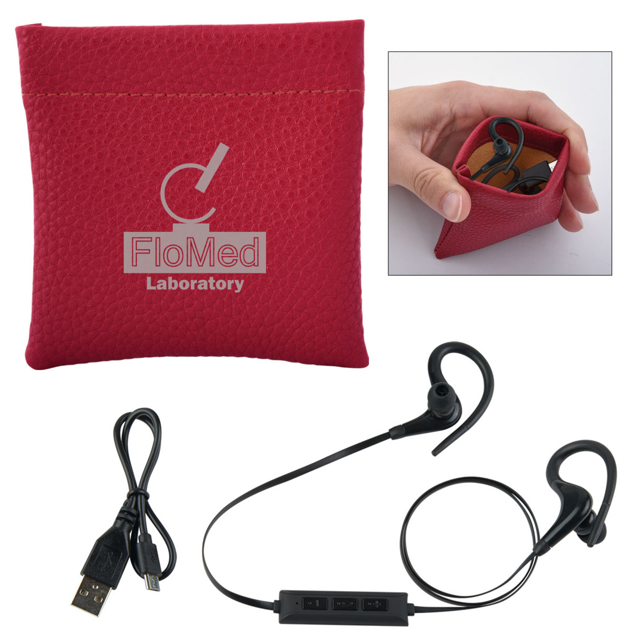 Custom Leatherette Squeeze Tech Pouch With Wireless Earbuds 9740