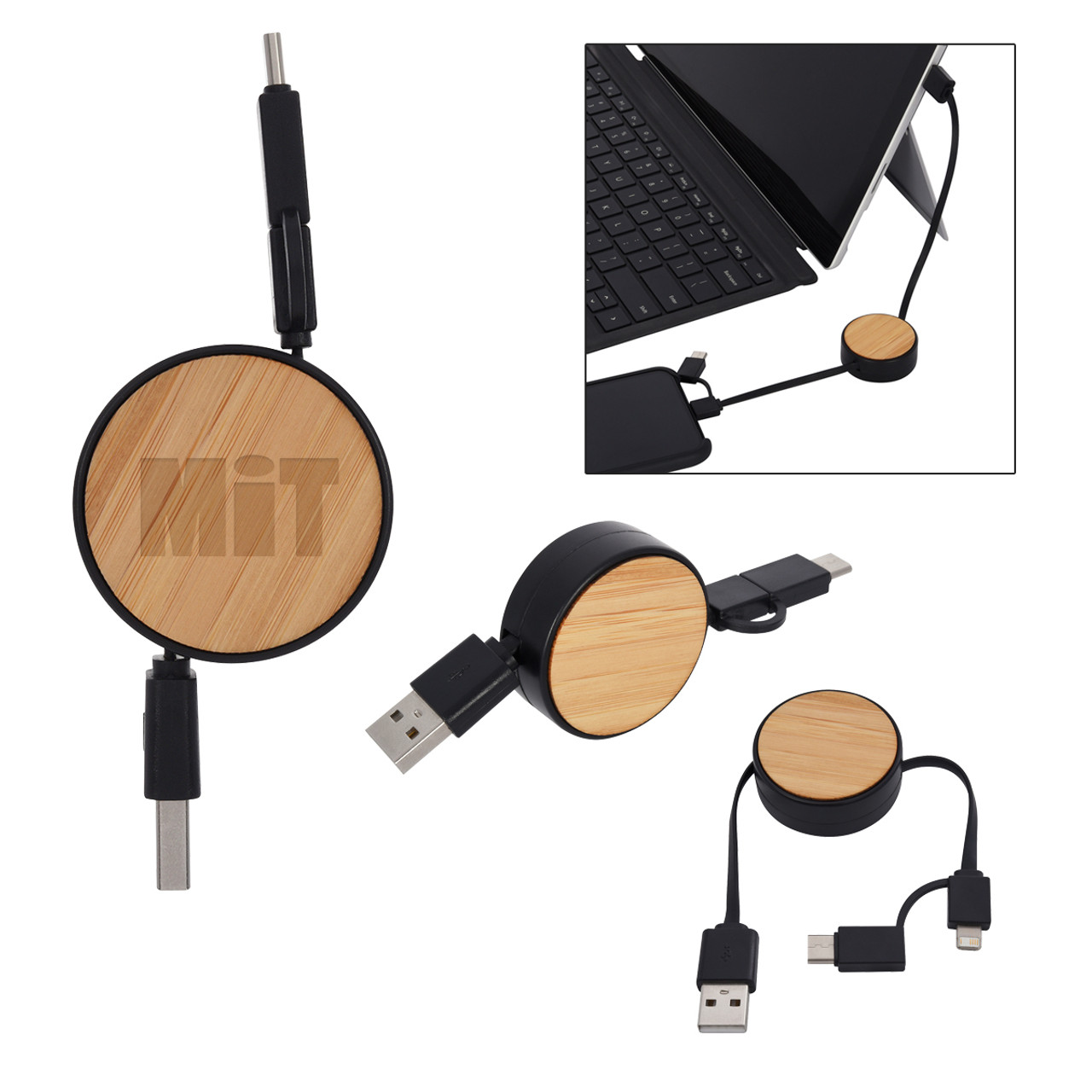 Custom Bamboo Retractable 3-in-1 Charging Cable 25211