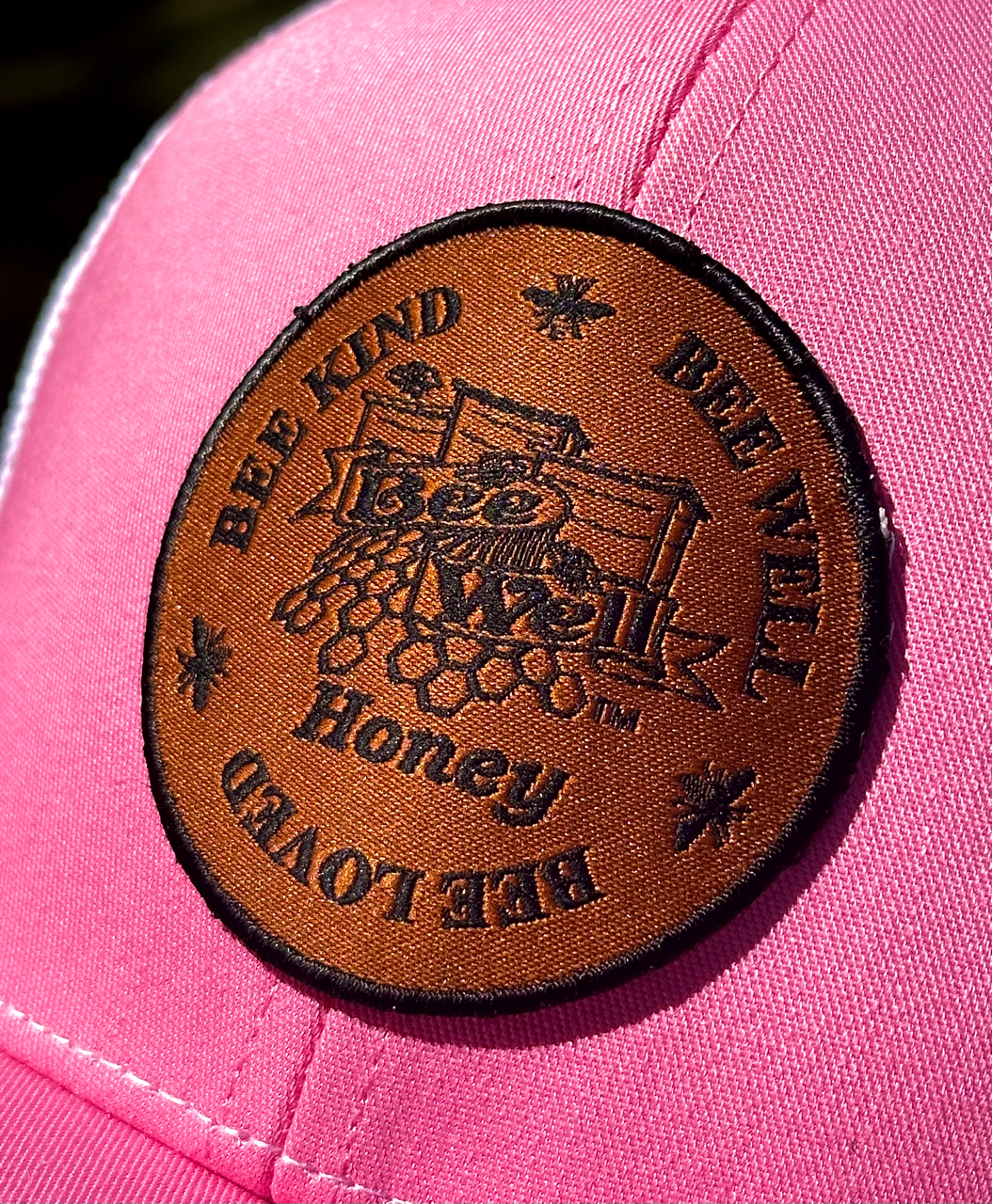 close up of a woven patch on Richardson 112 trucker hats