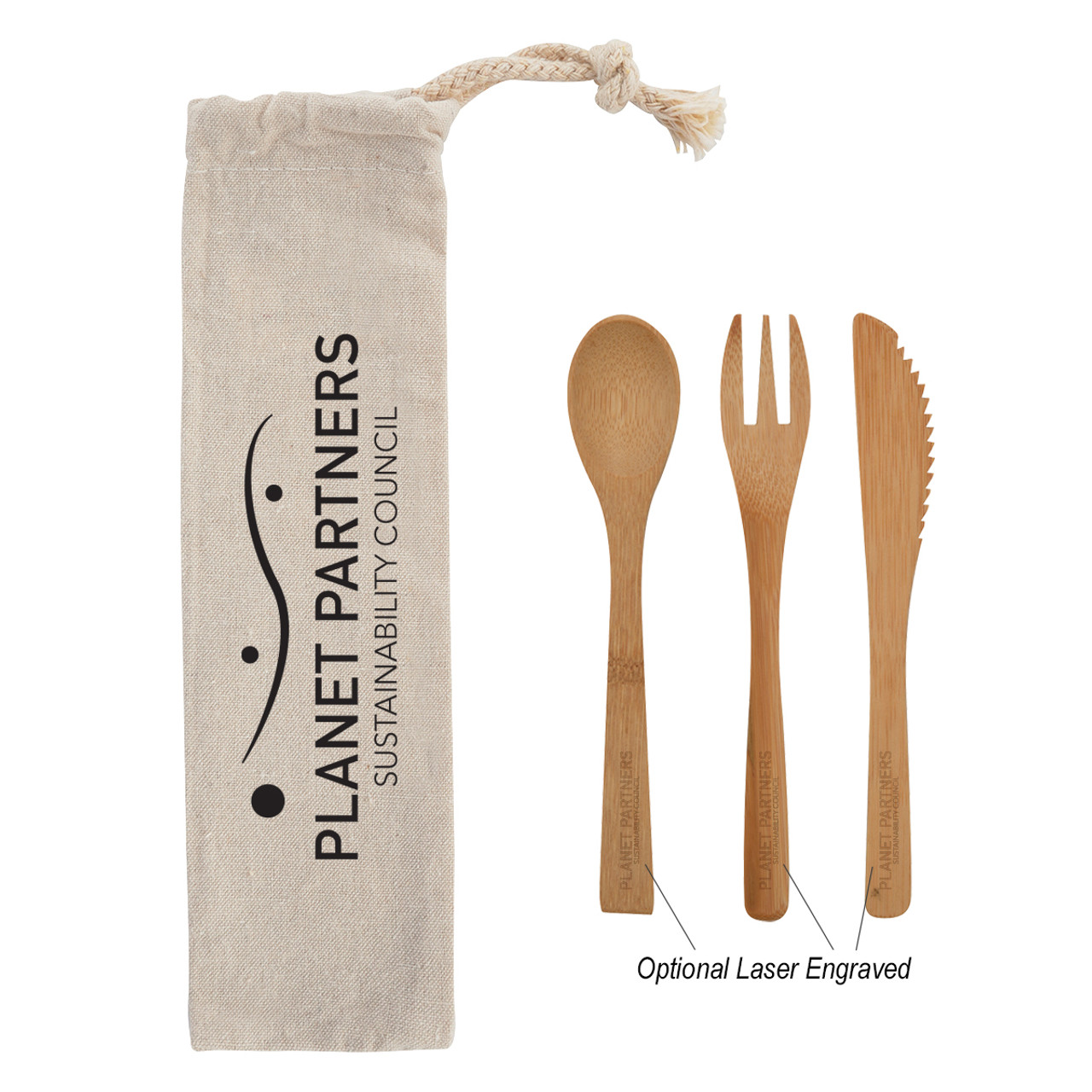 Custom 3 Piece Bamboo Utensil Set In Travel Pouch 2421