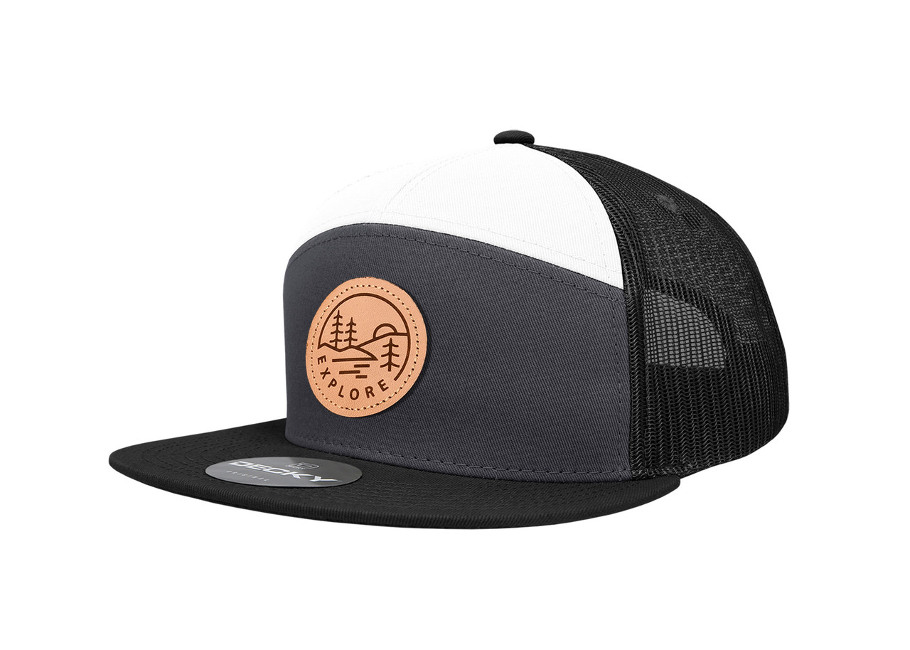 Custom Leather Patch Decky 7 Panel Flat Bill Trucker Cap