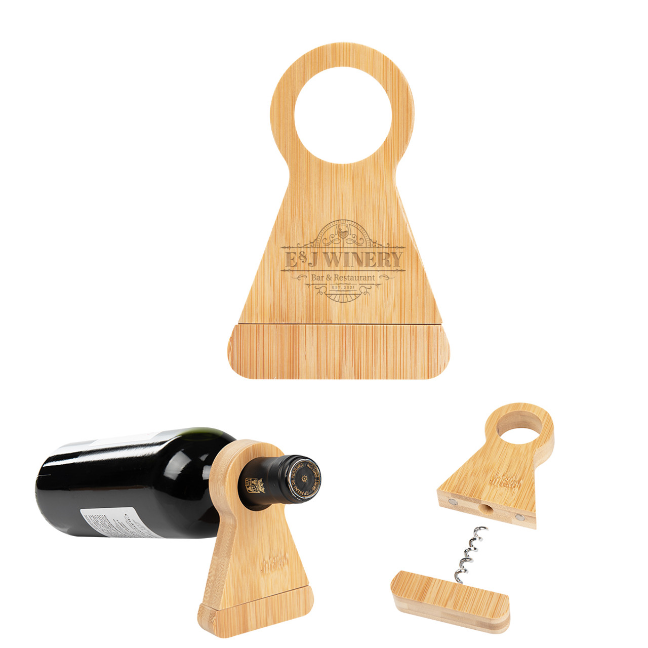 Custom Bamboo Wine Bottle Stand With Corkscrew 75047