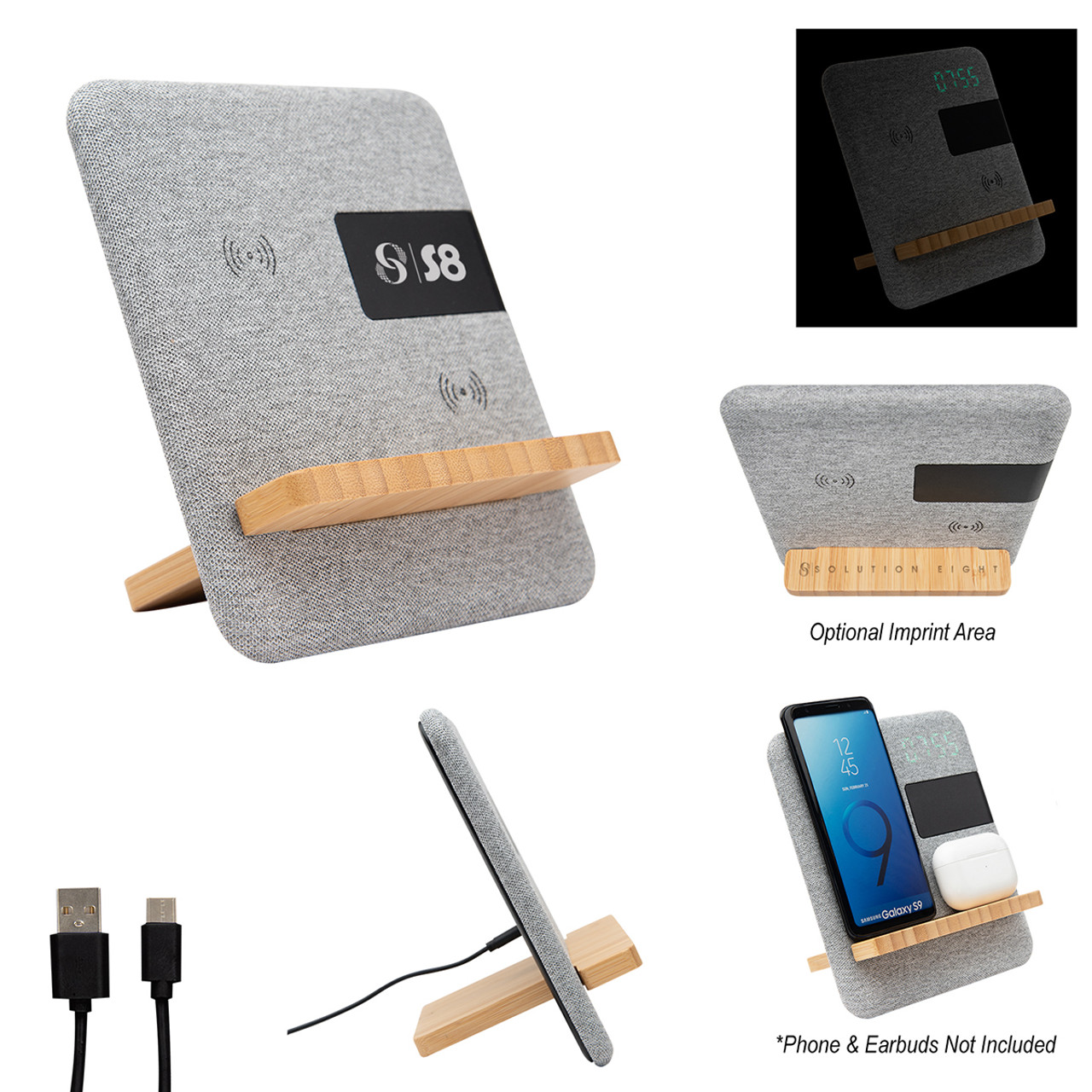 Custom Fabric & Bamboo Wireless Charger With Clock 25176
