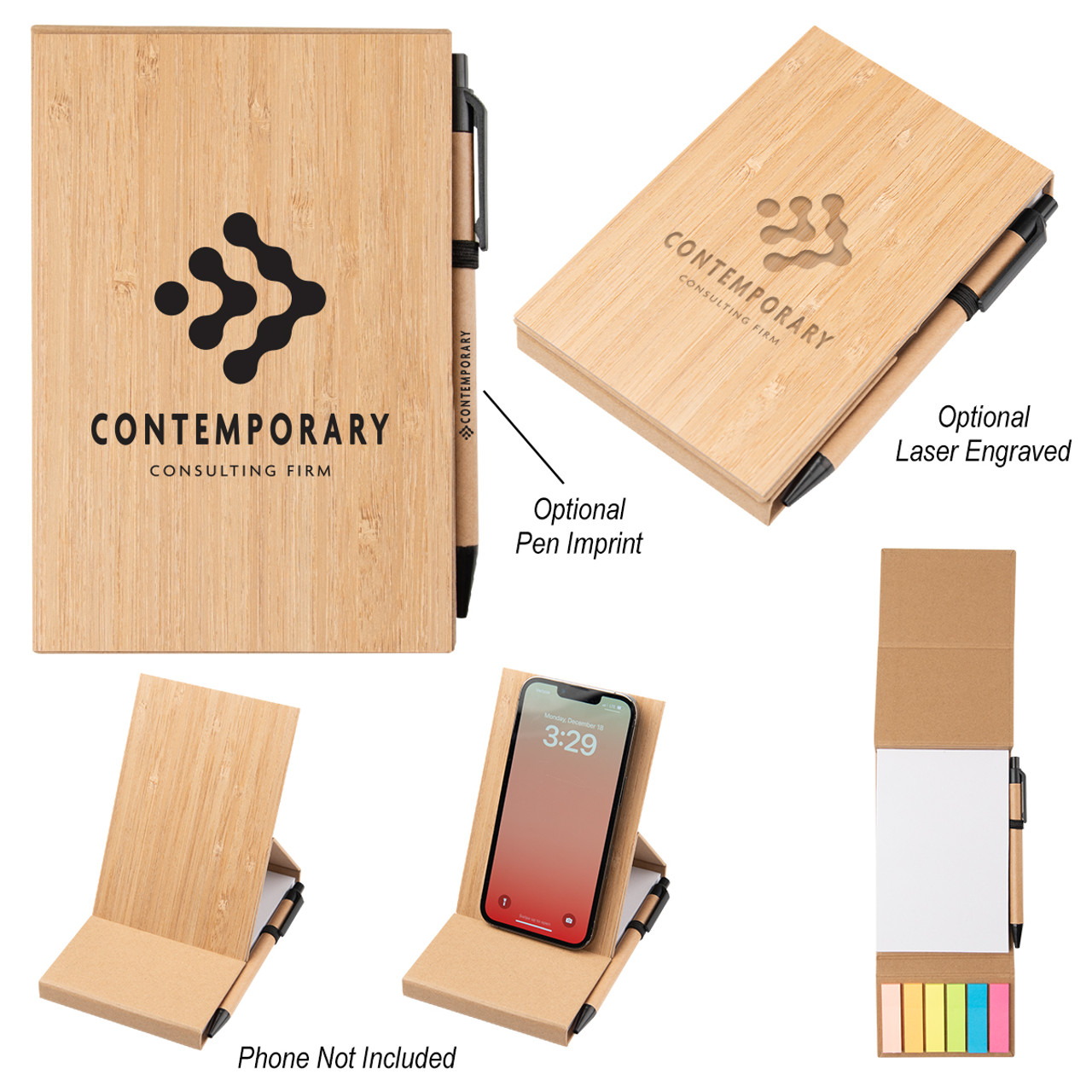 Custom Bamboo Desk Jotter With Phone Stand 55240