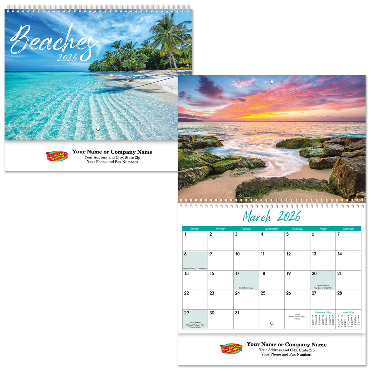 Custom Full Color Beaches Spiral Wall Calendar 55007