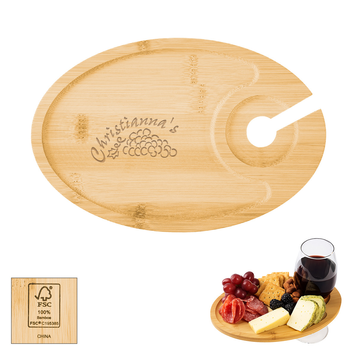 Custom Wine & Dine Recessed Bamboo Tray With Wine Glass Holder 75092