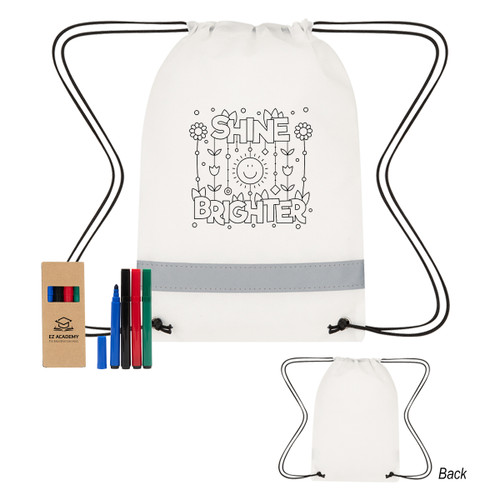 Custom Lil' Bit Reflective Non-Woven Coloring Drawstring Bag With 4-Piece Washable Marker Set 75041