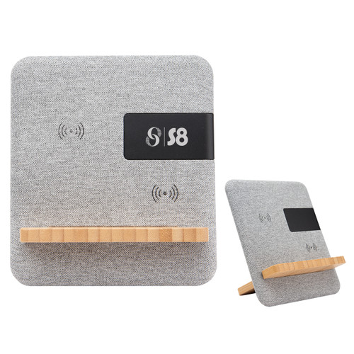 Custom Fabric & Bamboo Wireless Charger With Clock 25176