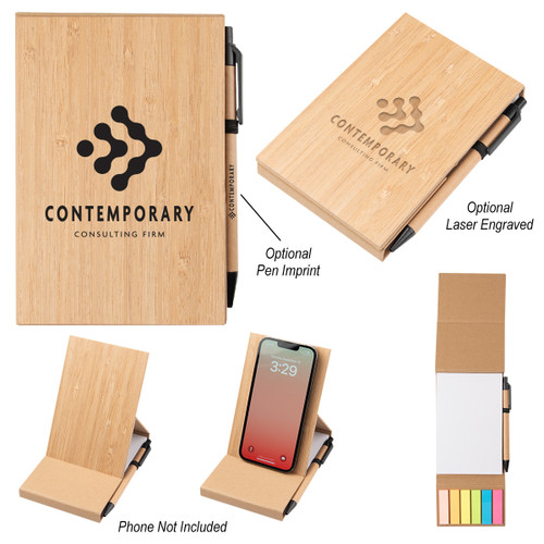 Custom Bamboo Desk Jotter With Phone Stand 55240