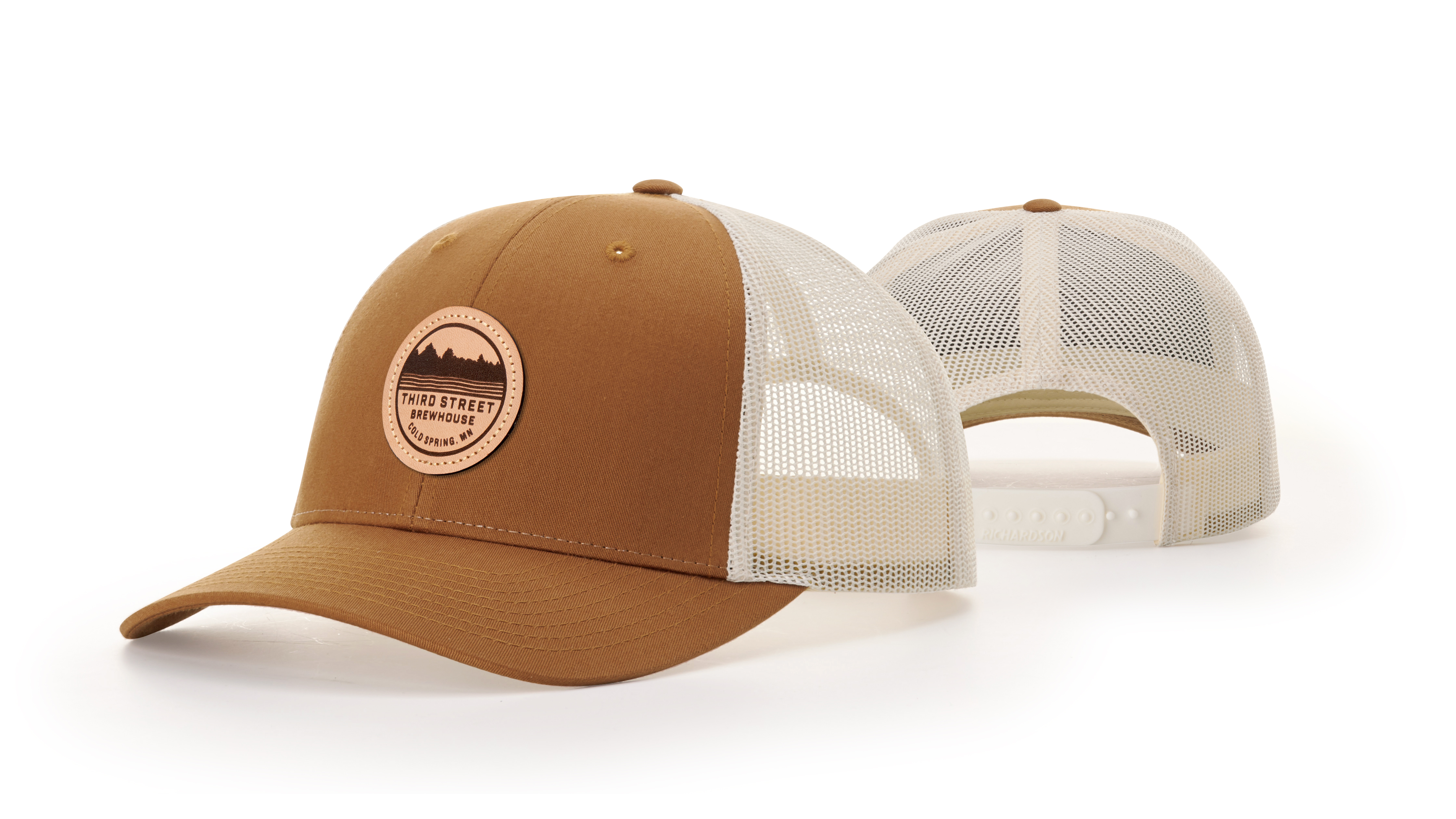 Leather Patch Trucker Hat; Olv Green/Tan; Pick a Logo- Oowee Products