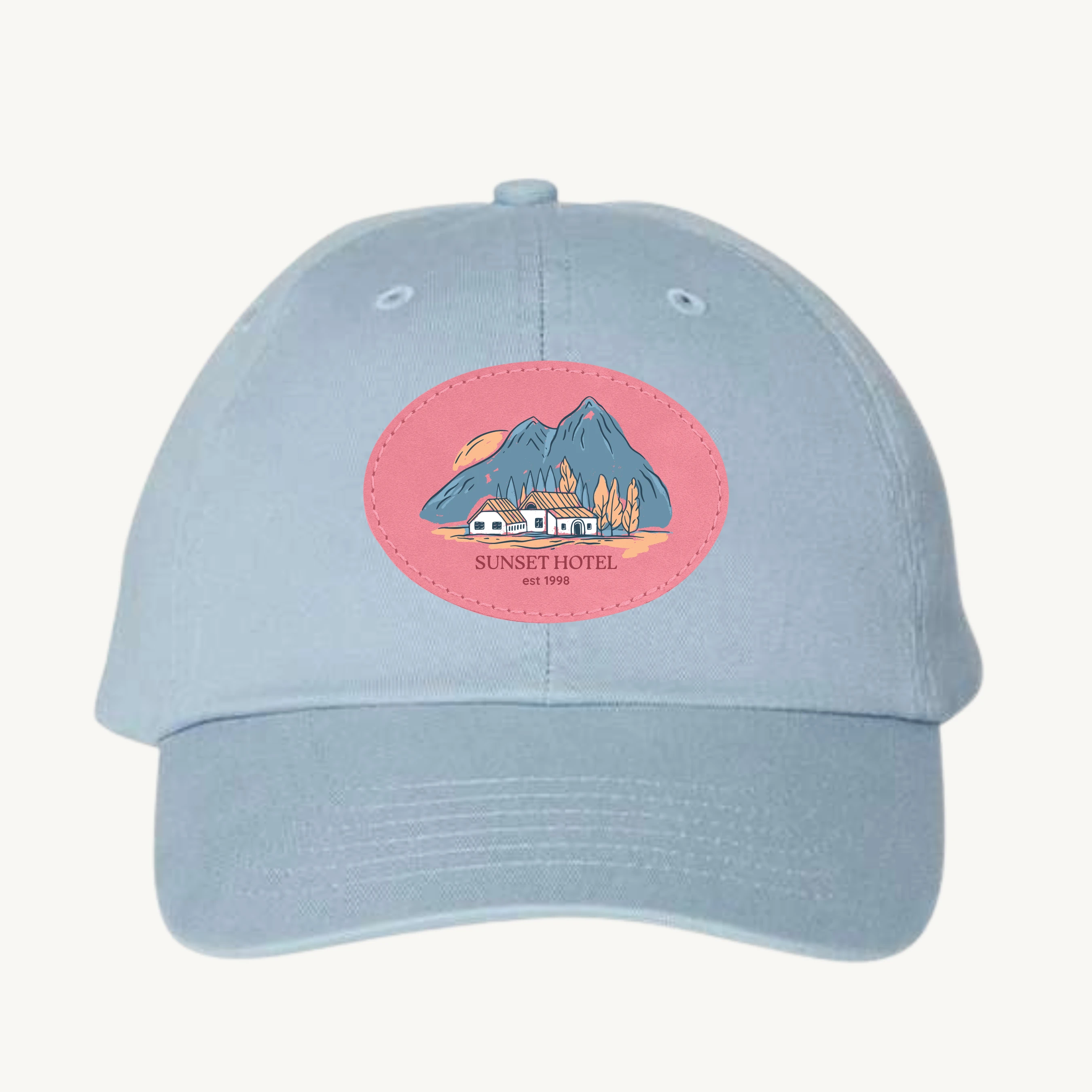 custom patch hats - dad cap with pink oval leather patch for businesses