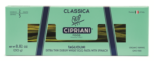 Cipriani Classic Egg Tagliolini with Spinach, 250g available at wholesaler Samora's Fine Foods & Gifts in Concord.