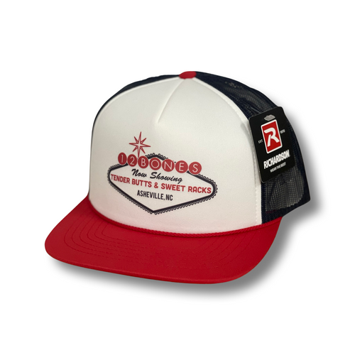 Foam Trucker. Vegas Logo. Red/White/Blue. Mesh Back. Snapback.