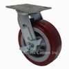 6" swivel caster with brake, maroon on gray polyurethane wheel