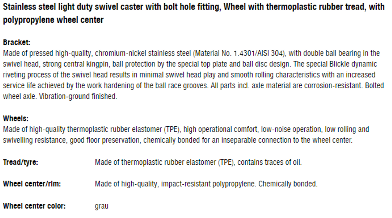 LKRXA-TPA 80KD-FK Blickle 3" Stainless Steel Swivel Caster TPE Wheel Ball Bearing