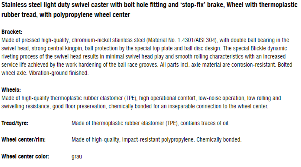 LKRXA-TPA 101KD-FI-FK Blickle 4" Stainless Steel Swivel Caster TPE Brake Ball Bearing