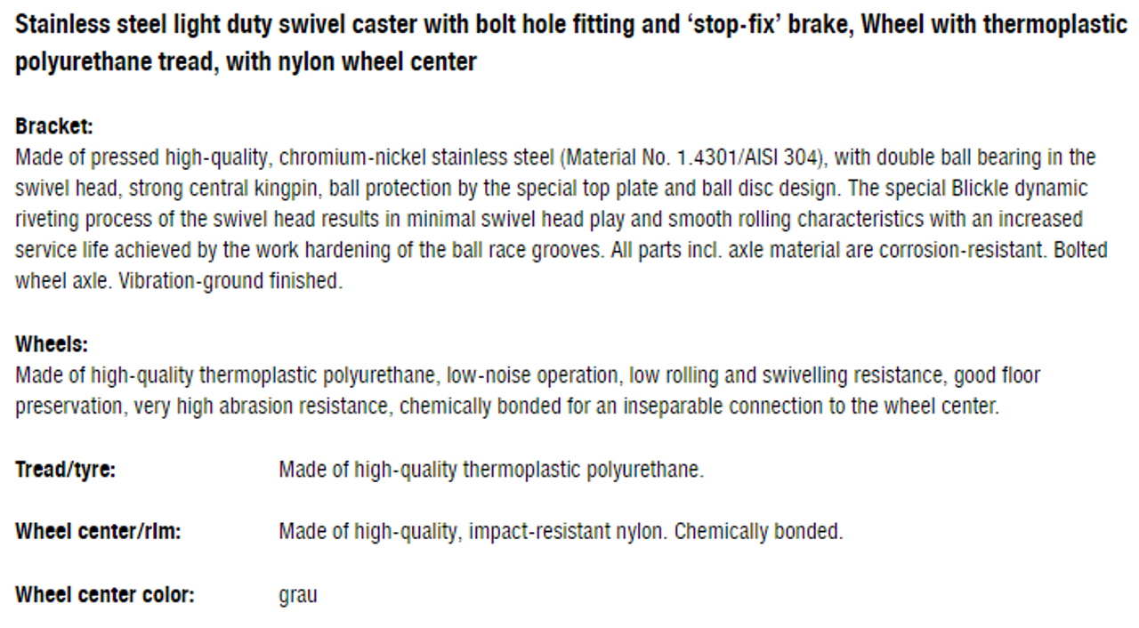 LKRXA-PATH 101KD-FI-FK Blickle 4" Stainless Steel Swivel Caster PATH Brake Ball Bearing