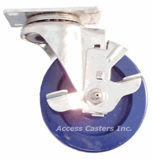 4DLSSSSB 4" Stainless Steel Swivel Caster with Brake, Solid Blue Polyurethane Wheel