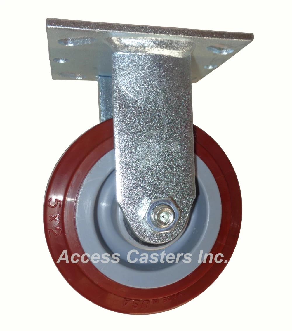 5" x 2" Rigid Plate Caster, Maroon polyurethane on gray polyolefin wheel