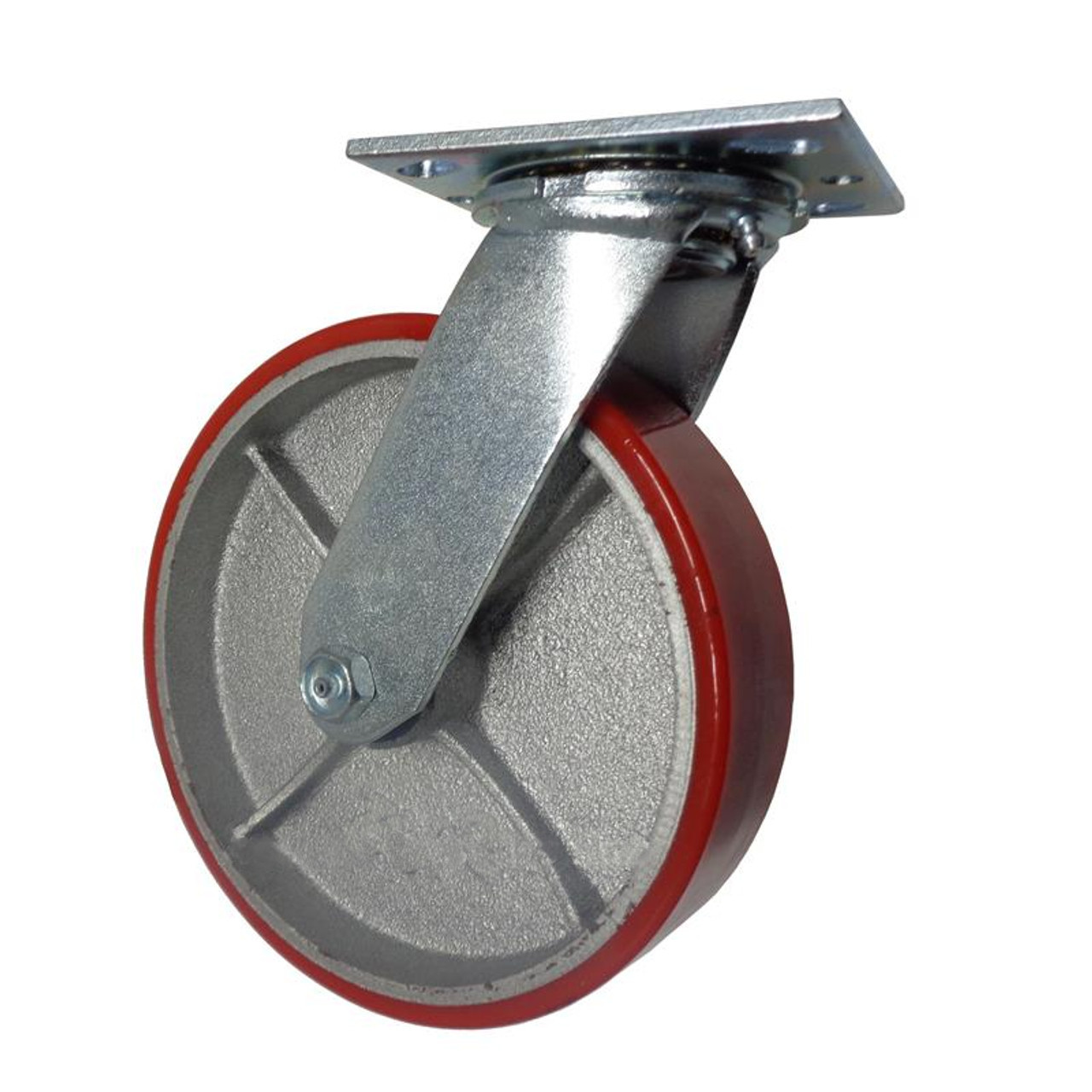 8" Swivel Plate Caster, Polyurethane on Cast Iron Wheel