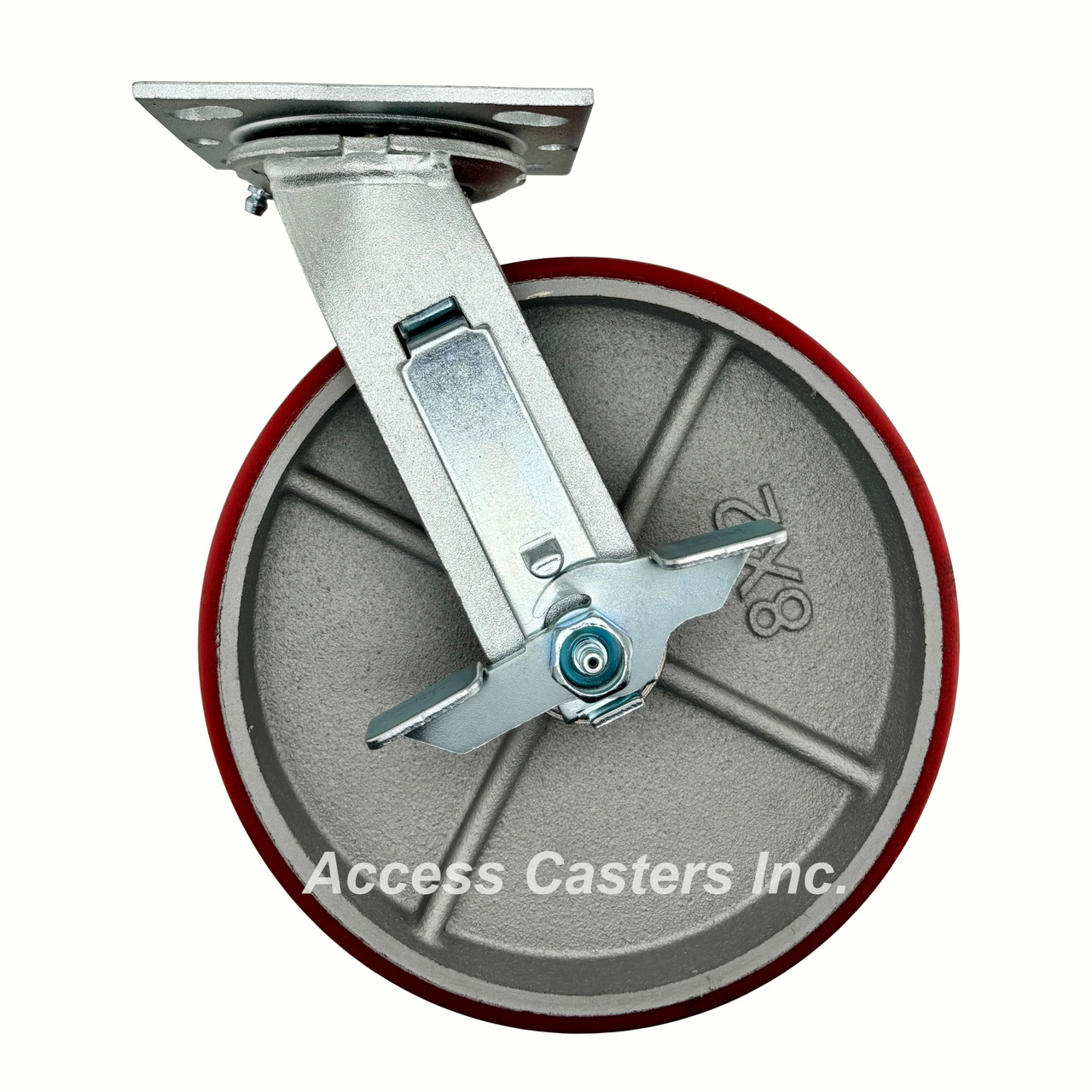 8AEMISB 8" Swivel Plate Caster with Brake, Polyurethane on Cast Iron Wheel