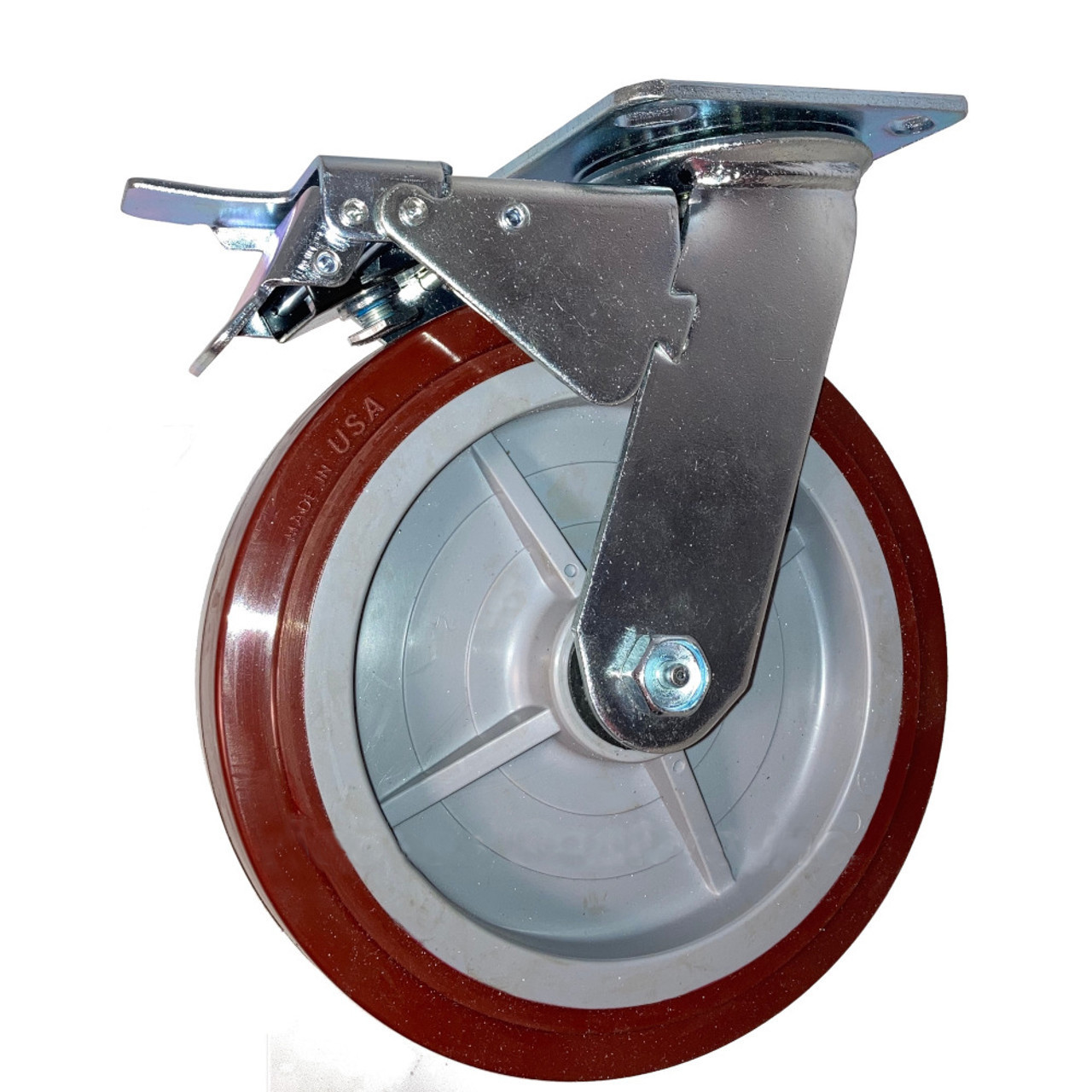 8CEMTL 8" X 2" Swivel Plate Total Lock Caster, Poly on Poly Wheel