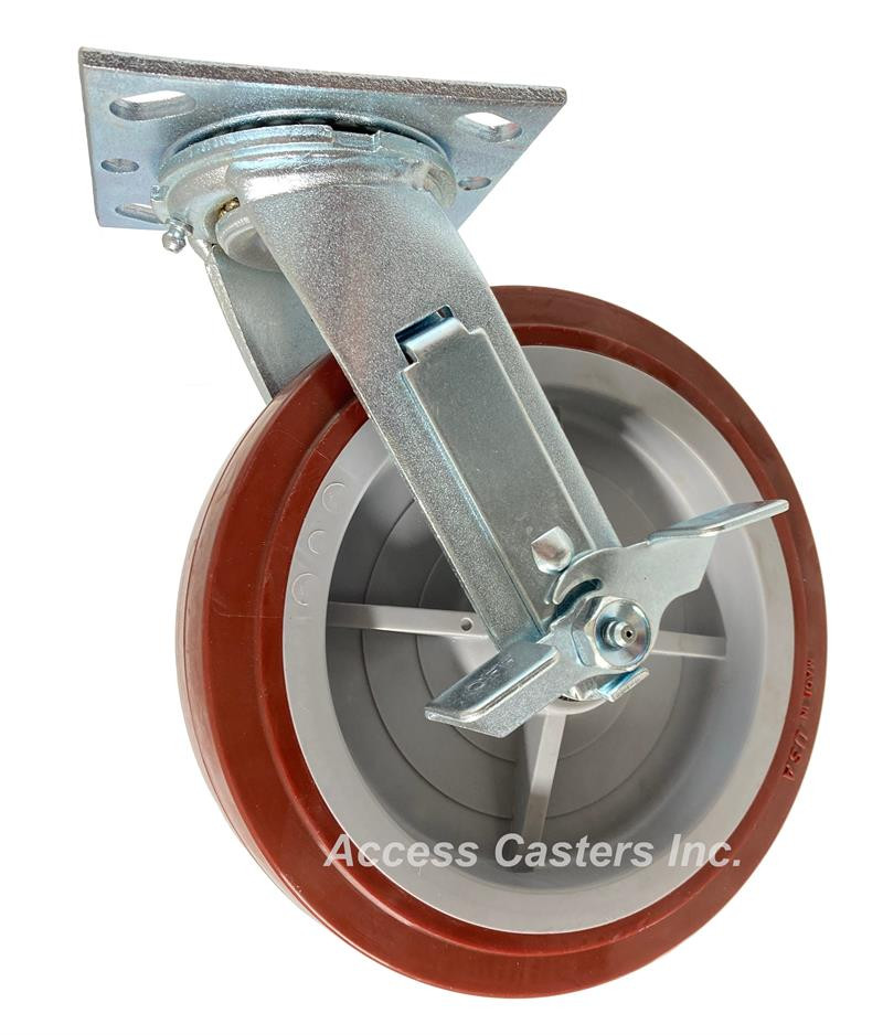 8" x 2" Swivel Plate Caster with Brake, Poly on Poly Wheel