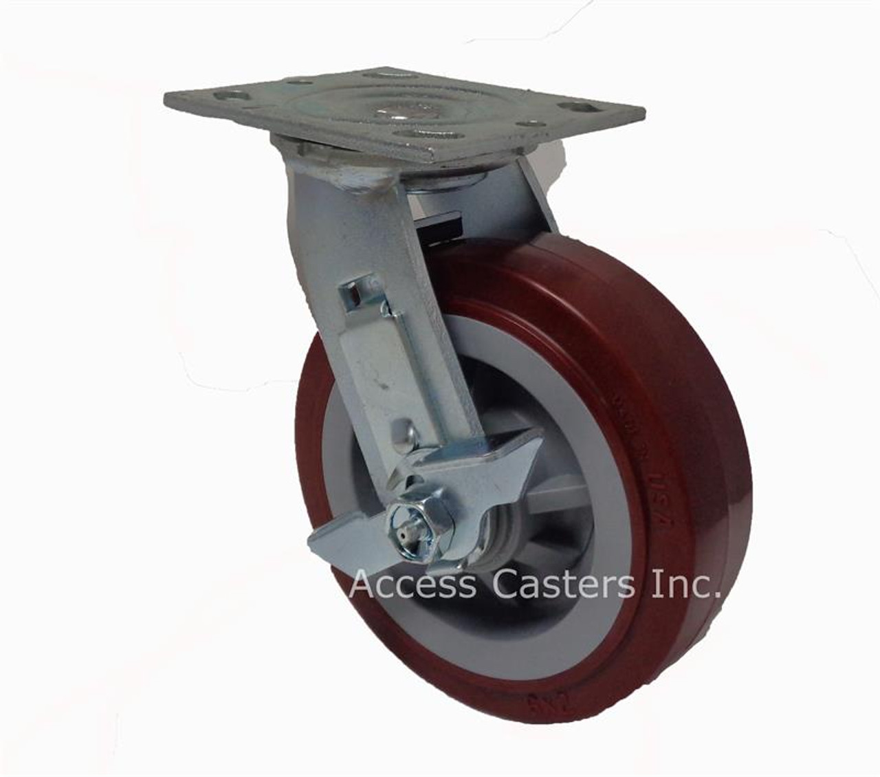 8" x 2" Swivel Plate Caster with Brake, Poly on Poly Wheel