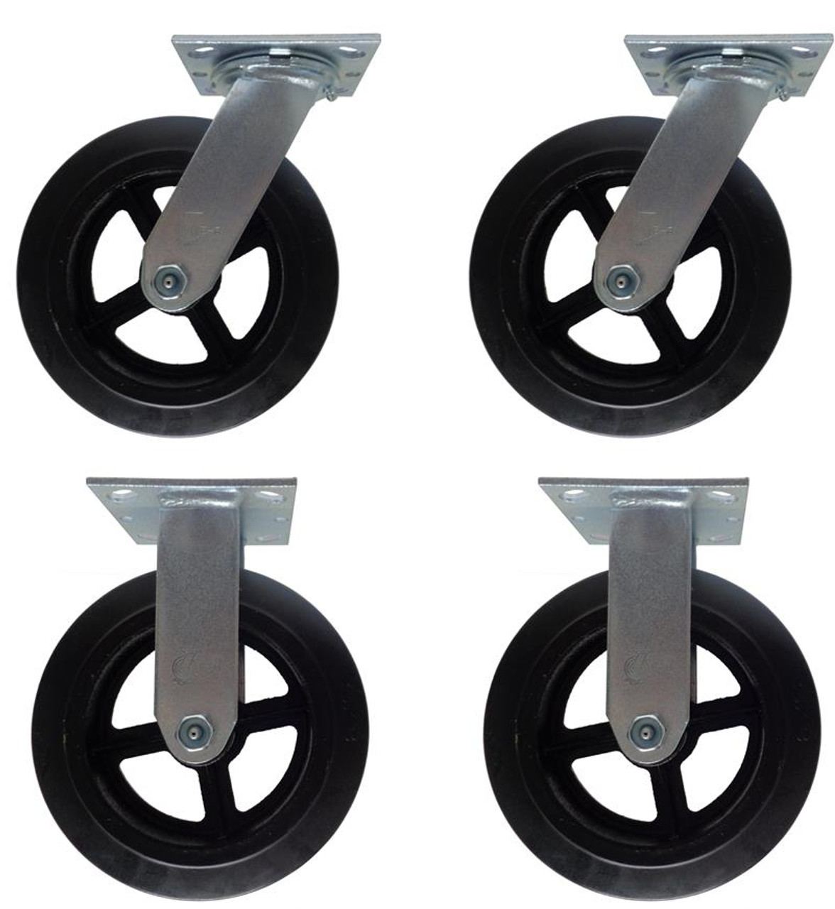 8PCRS-SET 8 inch caster set with rubber on cast iron wheels