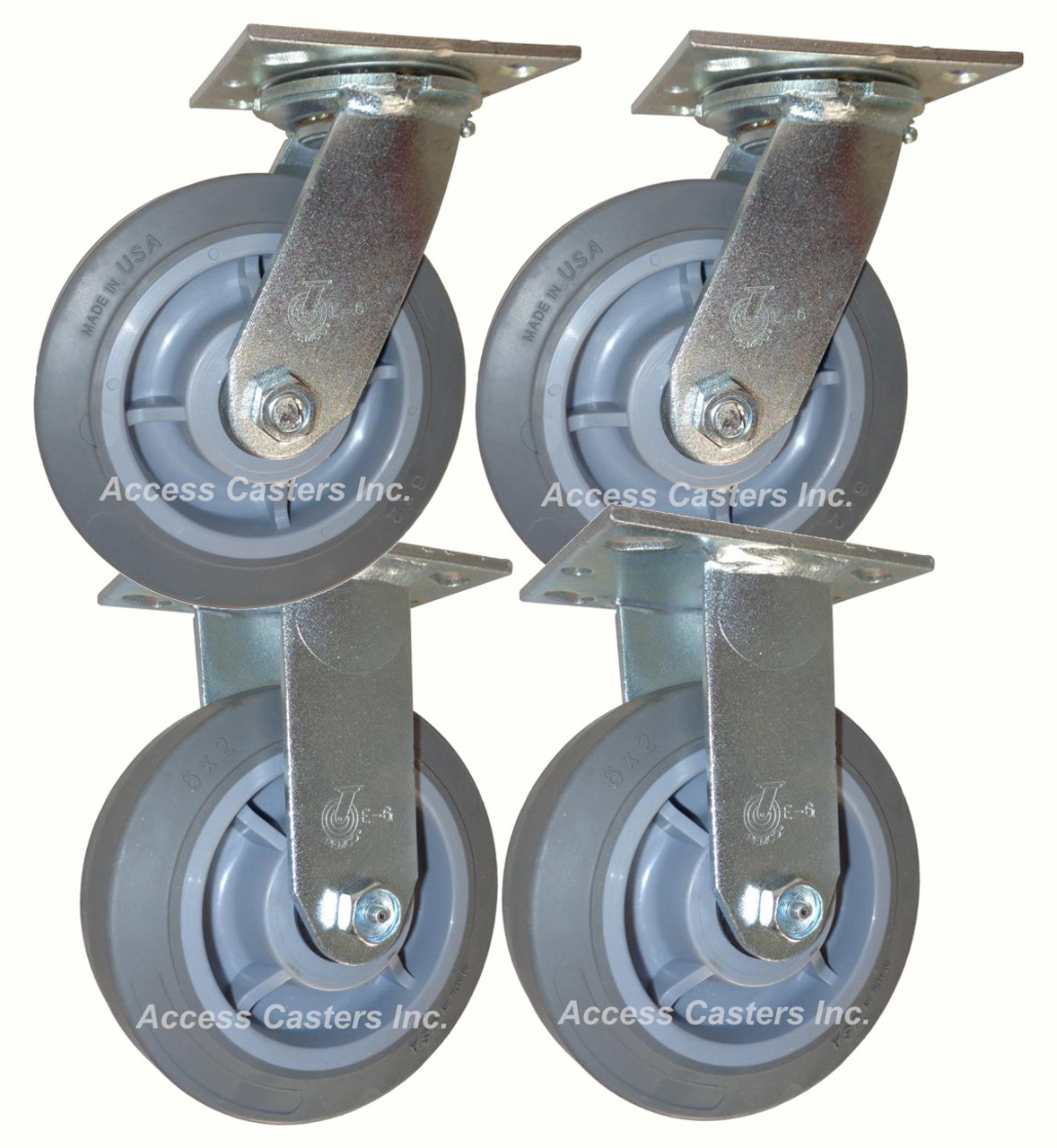 6SPRF-set 6 inch caster set with gray non-marking rubber wheels.  In-stock