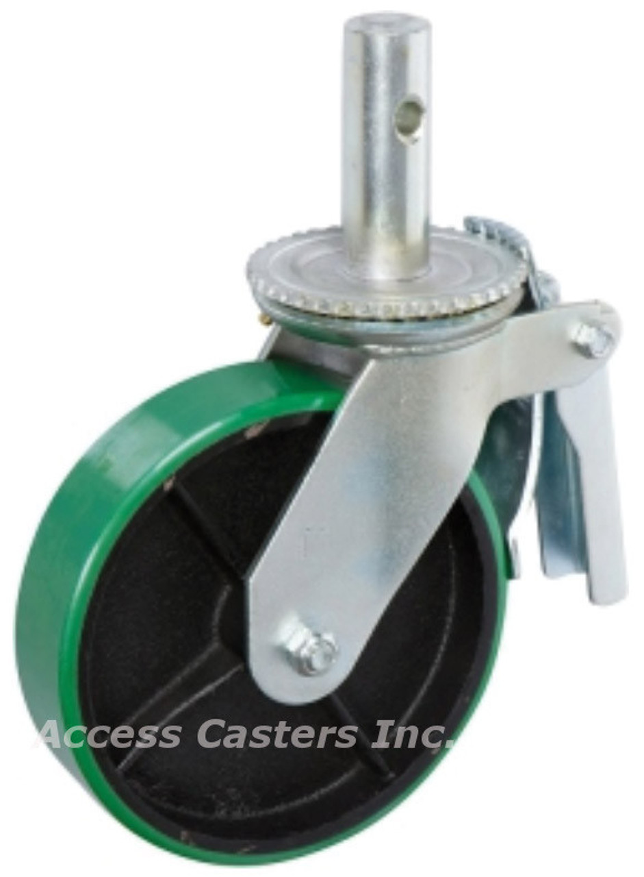 8UD8P-138 - 8" Scaffold Caster w/ Brake, Poly on Steel Wheel, Round Pin Hole, 1-3/8" Round Stem