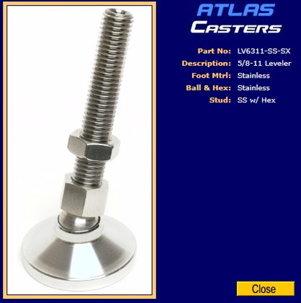 LV6311-SS-SX Stainless Steel Leveler with 5/8-11 x 3.5" hex stem
