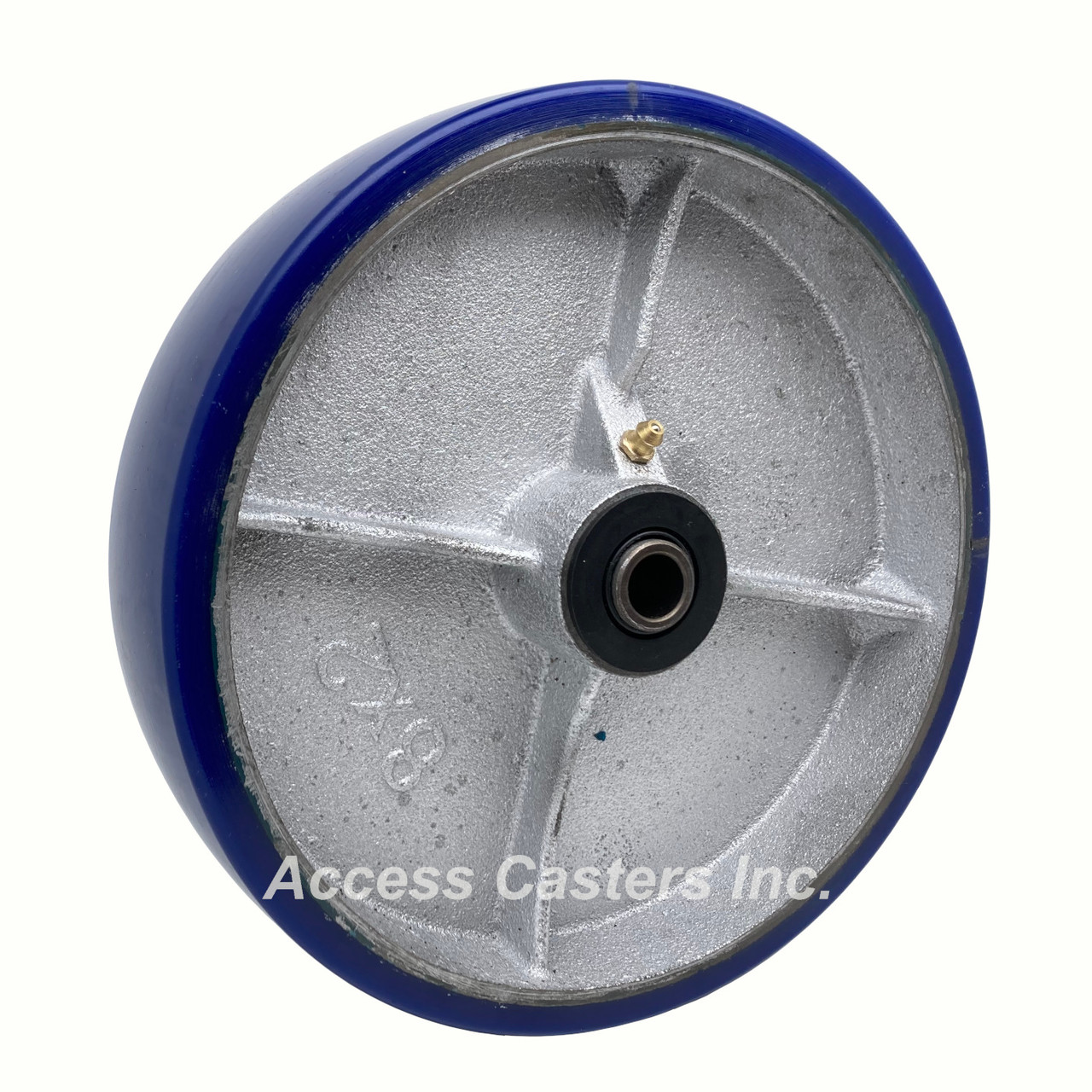 8CPI82 8" X 2" Crowned blue polyurethane on Cast Iron Wheel