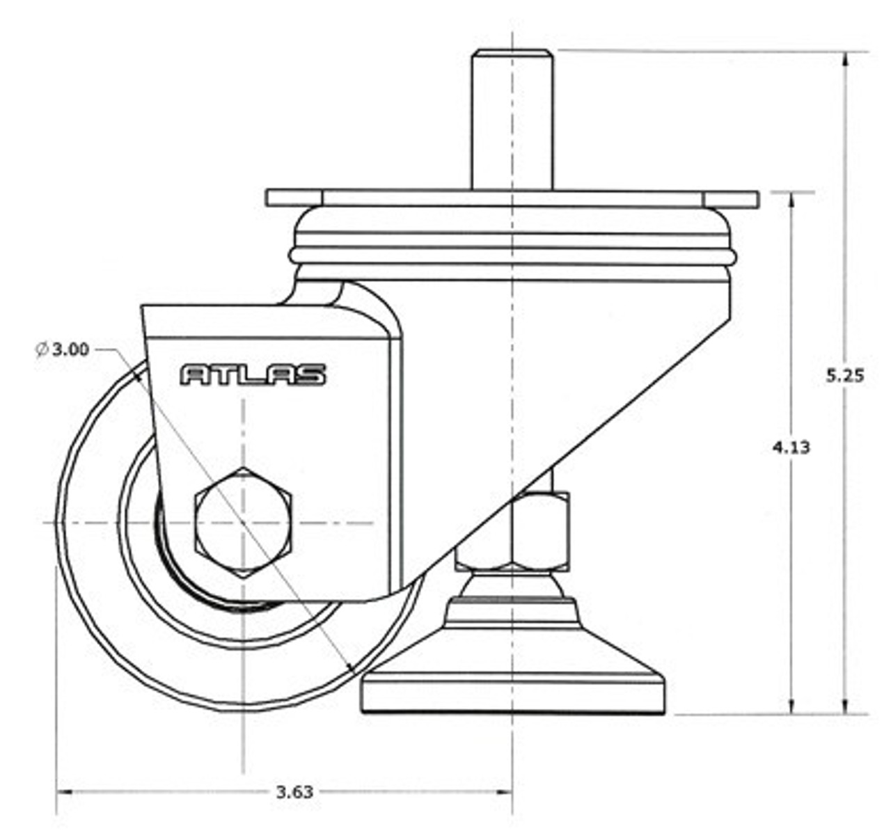 Leveling caster include SS 5/8"-11 leveler with stainless steel foot. Total leveler height is 5.25"